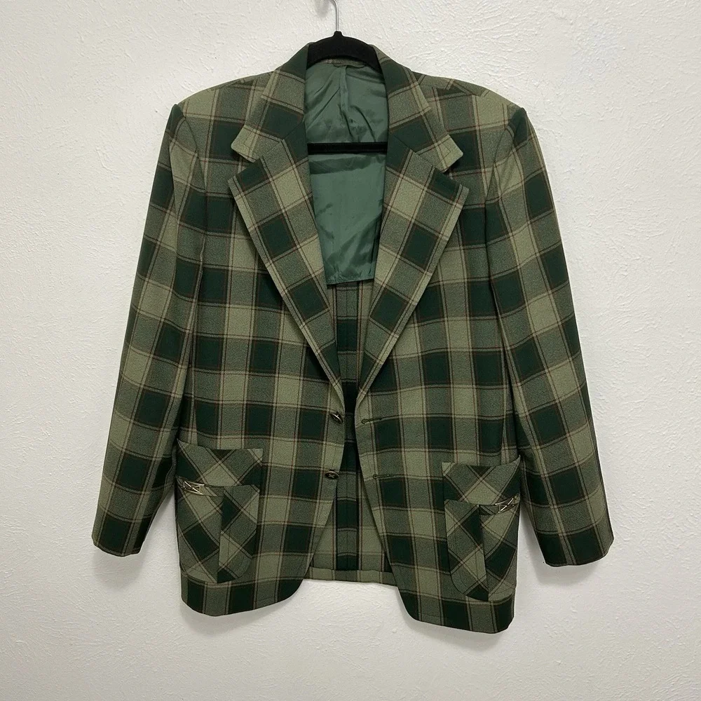 VTG John Keith Blazer Jacket Sport Coat Green Plaid Retro 70s Old Money Sz 42 R